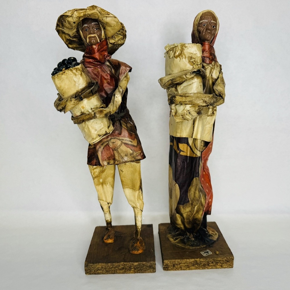 Vintage Mexican Folk‎ Art Paper Mache Sculpture Farmer Peasant Man and Woman